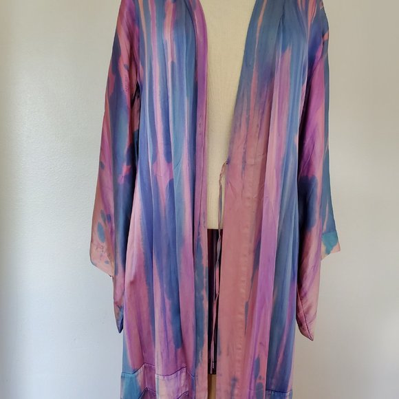NEW Silk Wrap Dress Duster kimono robe painted Small medium large purple blue XL